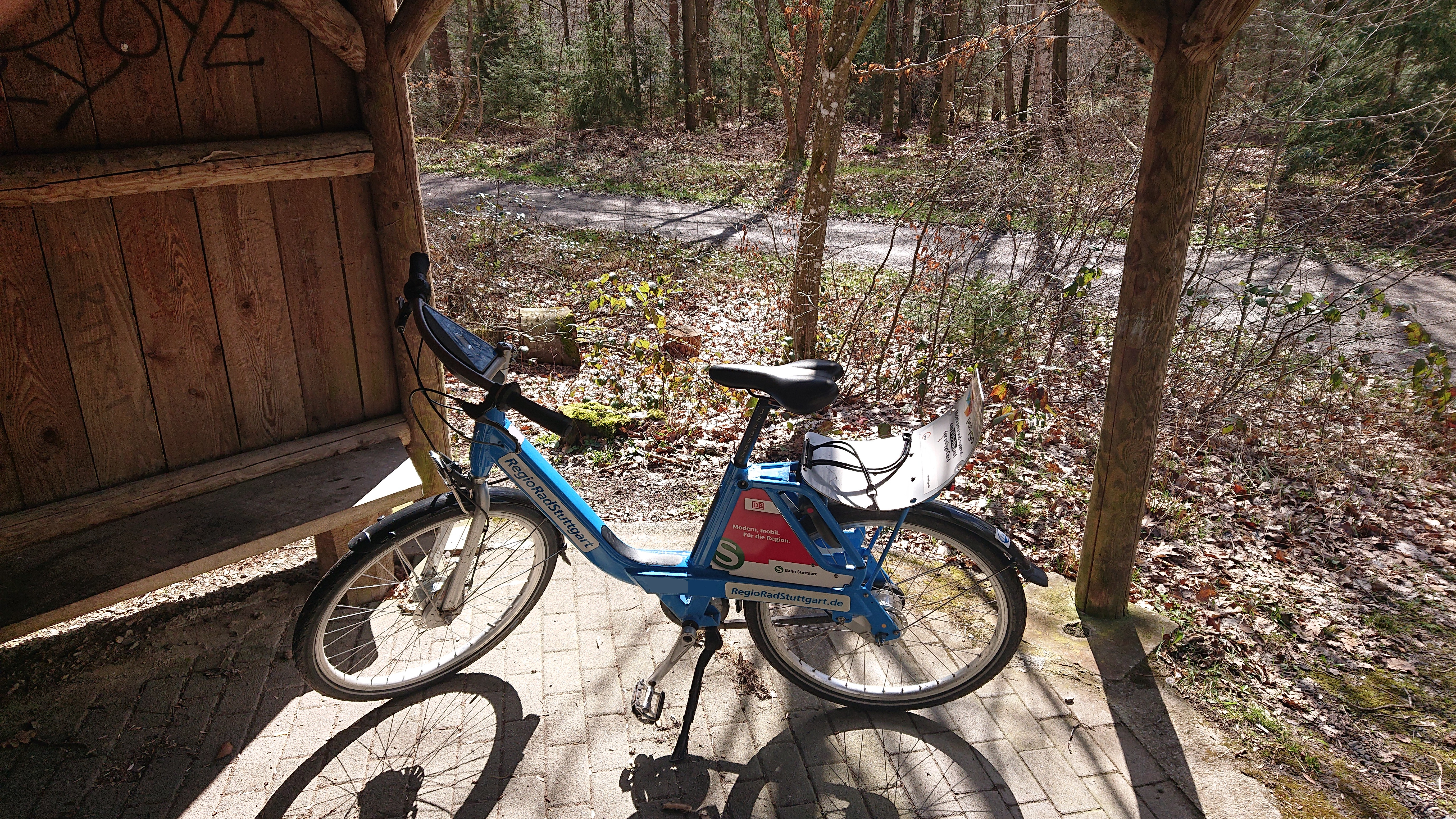 das Bild zeigt das Regiorad an einem kleinen Forsthaus an dem ich Pause gemacht hatte. Im Hintergrund ist ein Waldweg und eine menge Bäume zu sehen. 